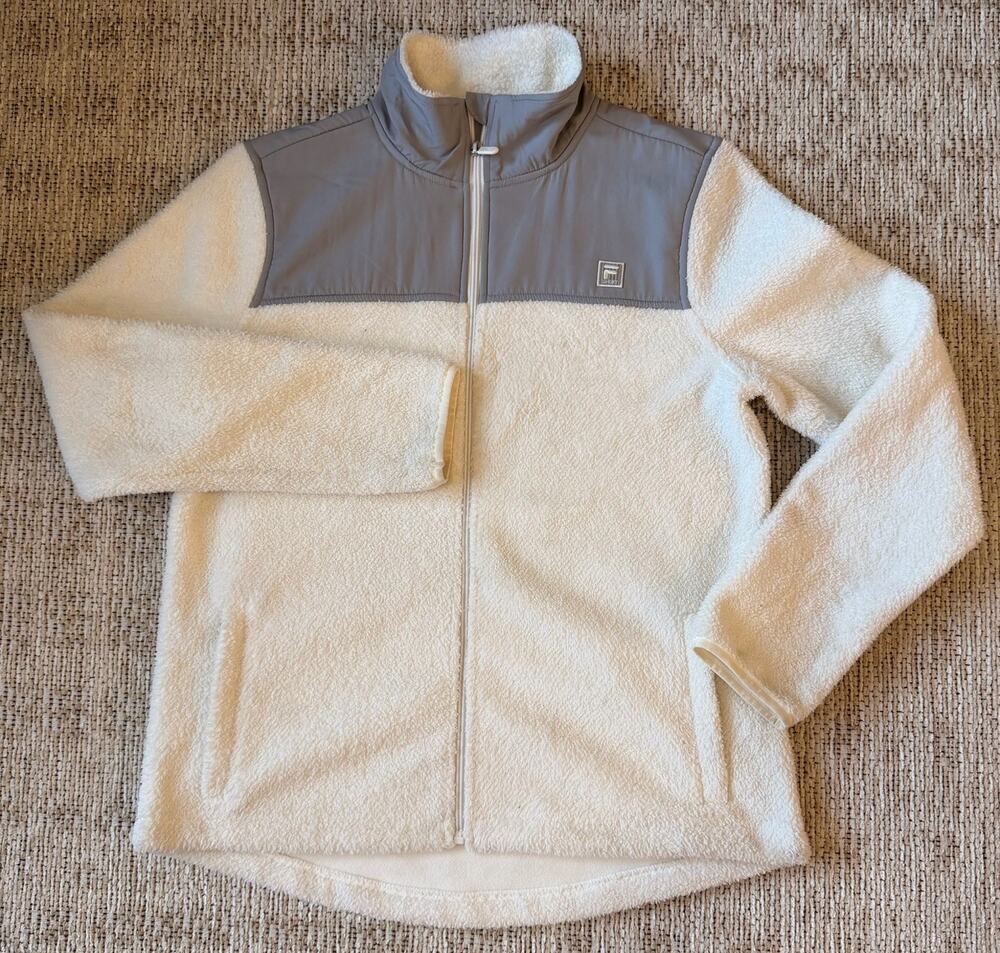 Fila Sport Faux Fur Fleece Full Zip Jacket Size L Off-White Gray